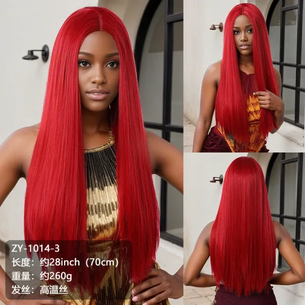 ZY-1014-3 Red High-Temperature Fiber Long Straight Wig - 1