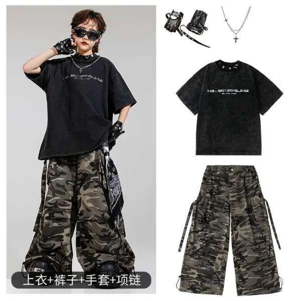 Design Streetwear Set: Acid Wash Black Graphic T-Shirt + Camo Cargo Pants + Fingerless Gloves + Cross Necklace - 1