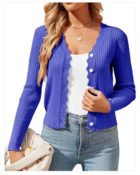 Ribbed Scalloped Hem Cardigan Beige Knit Cardigan - 16