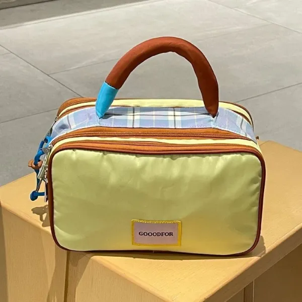 GOOODFOR Plaid-Trimmed Mini Boston Bag in Lime Green and Blue - 1