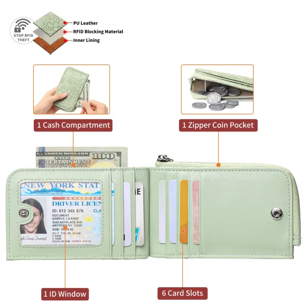 Mint Green Floral Embossed Zipper Wallet with Keychain - 9