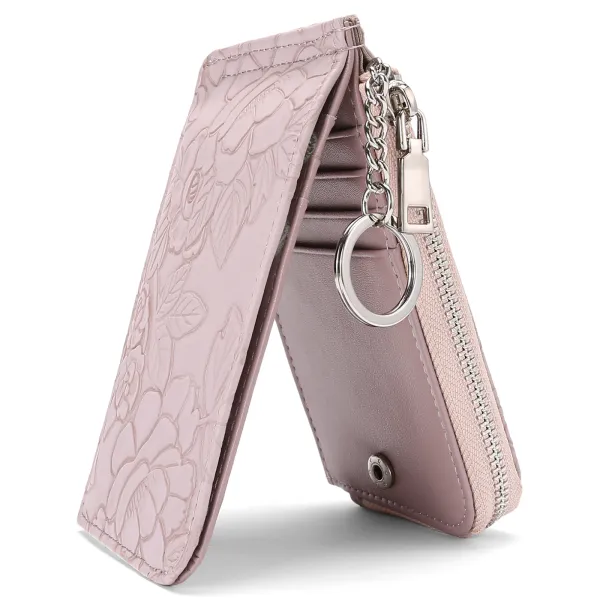Floral Embossed Pink Leather Keychain Wallet - 1