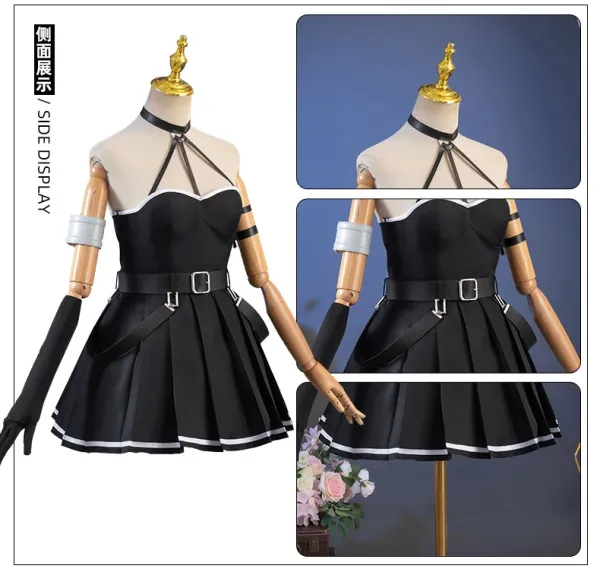 Cosplay Dress Set Black with White Trim Dress, Gloves, Belt, Arm Rings, Leg Ring - 7