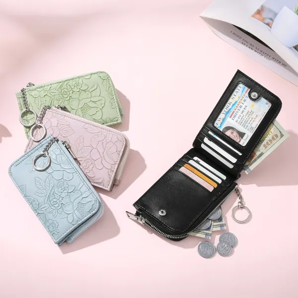 Mint Green Floral Embossed Zipper Wallet with Keychain - 4