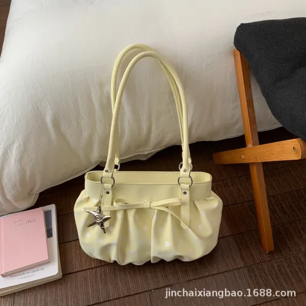 Polka Dot Pleated Bow Handbag in Pastel Yellow Handbag - 1