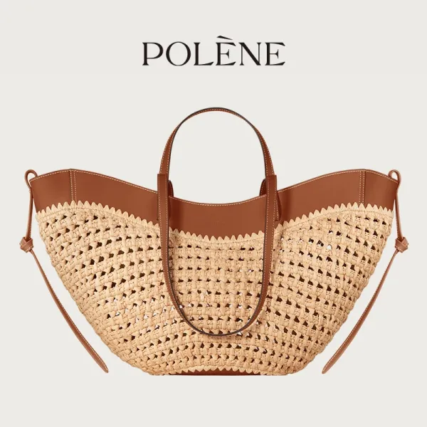 Polène Noé Tote Bag Beige and Brown Raffia Woven Handbag - 1