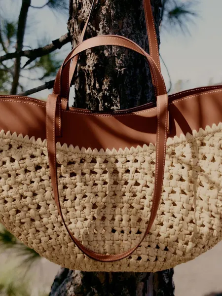 Polène Noé Tote Bag Beige and Brown Raffia Woven Handbag - 16