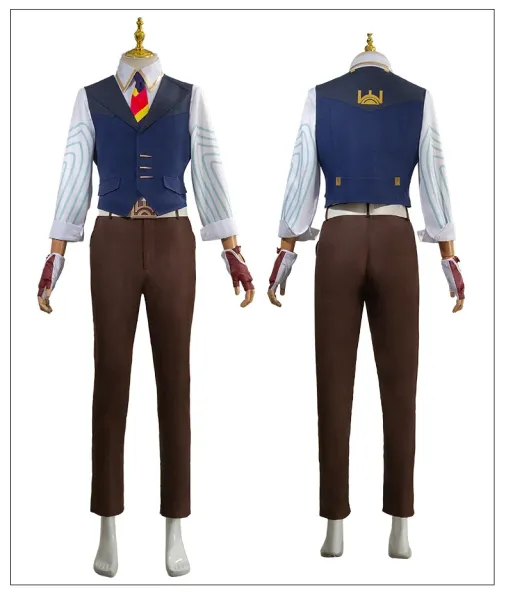 Cosplay Costume Set: White Shirt, Navy Vest, Brown Pants, Red Gloves, Tie, Belt, Chain, Glasses, Stud Earrings - 8