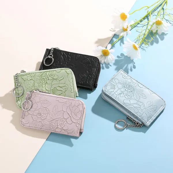 Mint Green Floral Embossed Zipper Wallet with Keychain - 3