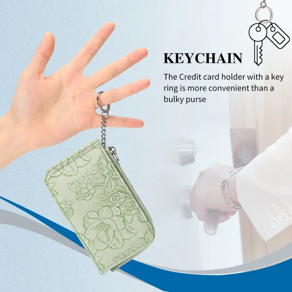 Mint Green Floral Embossed Zipper Wallet with Keychain - 6