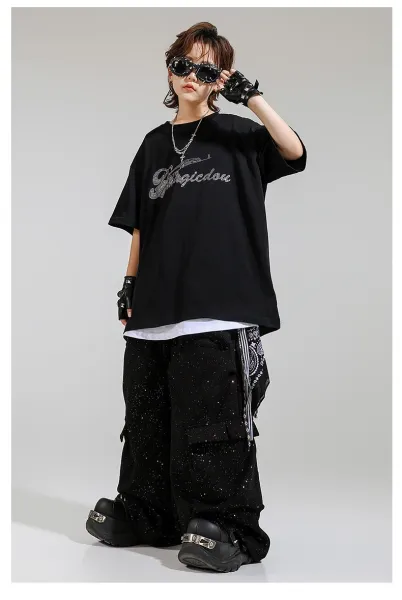 Design Streetwear Set: Glitter Graphic T-Shirt + Cargo Pants + Fingerless Gloves + Bandana Keychain Black/White - 9