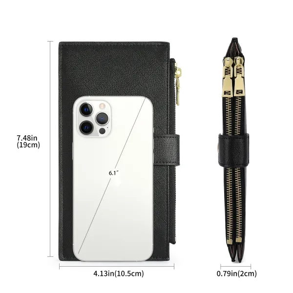 Black Dual-Zip Long Wallet with Gold Hardware - 5
