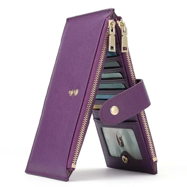 Purple Saffiano Leather Dual-Zip Long Wallet with Card Slots and ID Window - 1
