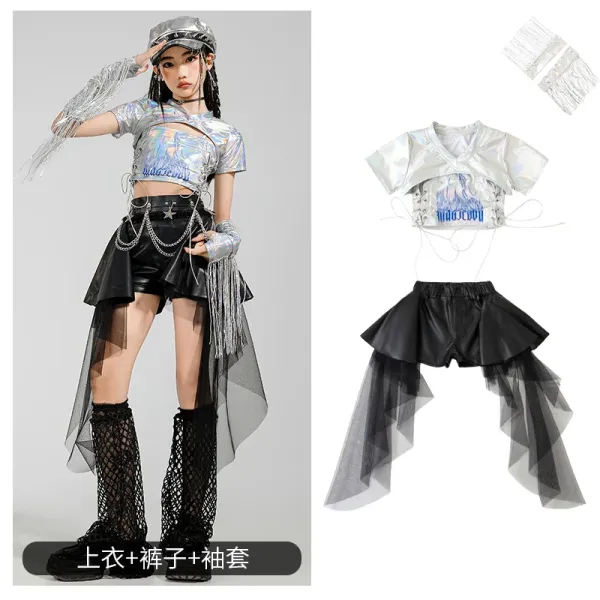 Holographic Cut-Out Crop Top + Asymmetrical Mesh Skirt Set Silver Black - 1