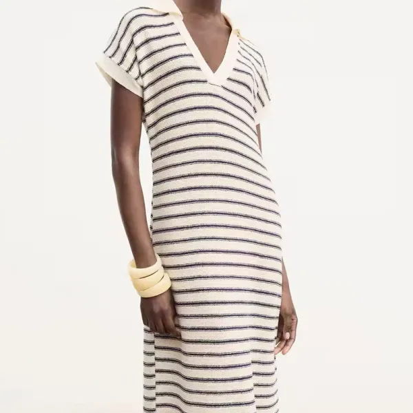 Loewe Striped Knit Polo Dress Beige and Navy - 1