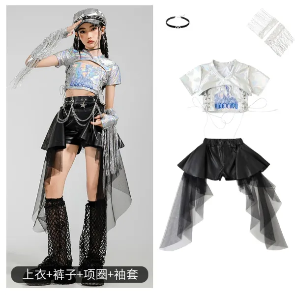Holographic Cut-Out Crop Top + Asymmetrical Tulle Skort Set with Chain Accents and Fringe Sleeve Cuffs - 1