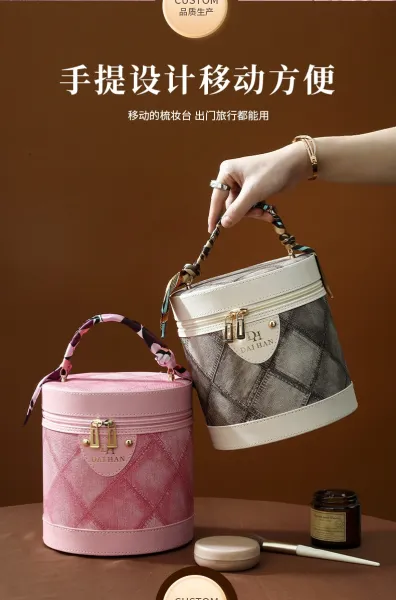 M Letter Print Cosmetic Case Black Pink Bucket Bag - 11