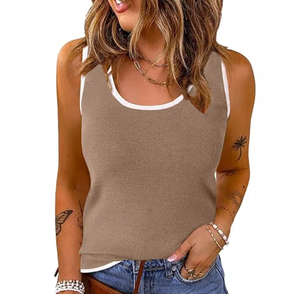 Ribbed Contrast-Trim Tank Top in Khaki - 1