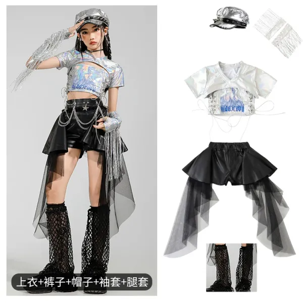 Holographic Cyberpunk Stage Performance Set Silver Black Mesh Leg Warmers - 1