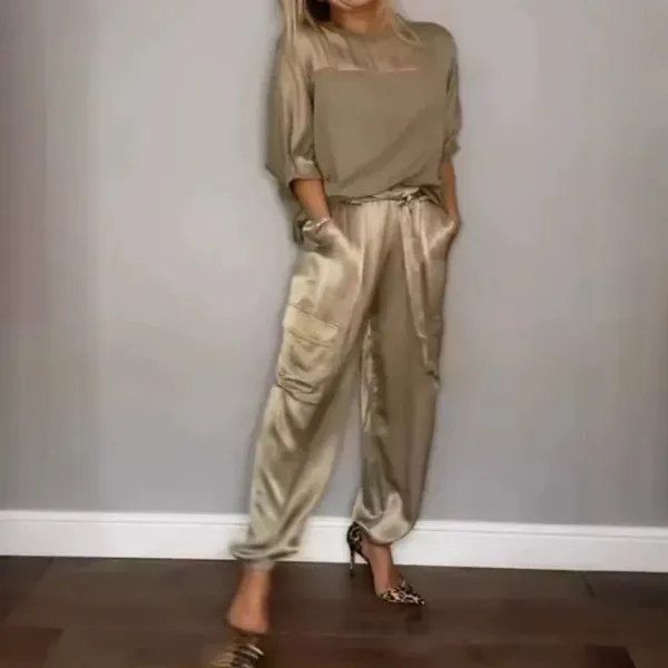 Silk Satin Lounge Set Beige Pants and Top with Leopard Heels - 1