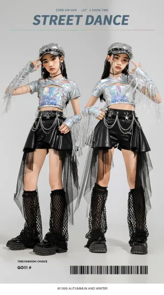 Custom Streetwear Set: Holographic Crop Top + Asymmetrical Tulle Shorts + Chain Waist Belt + Mesh Leg Warmers + Metallic Cap - 2