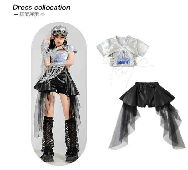 Custom Streetwear Set: Holographic Crop Top + Asymmetrical Tulle Shorts + Chain Waist Belt + Mesh Leg Warmers + Metallic Cap - 4