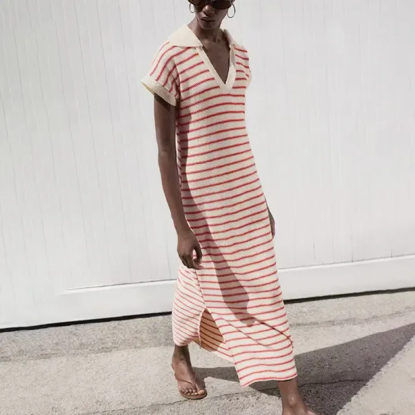 Reformation Striped Knit Polo Dress in Red and Beige - 1