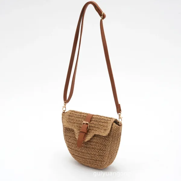 Woven Saddle Bag in Beige with Brown Leather Strap Crossbody Bag - 1