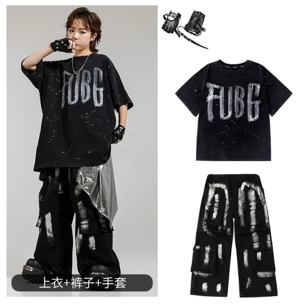 FUBG Distressed Graphic Tee and Cargo Pants Set Black Streetwear Outfit - 1