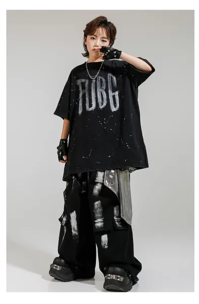 FUBG Graffiti Print Oversized T-Shirt and Cargo Pants Set Black - 11