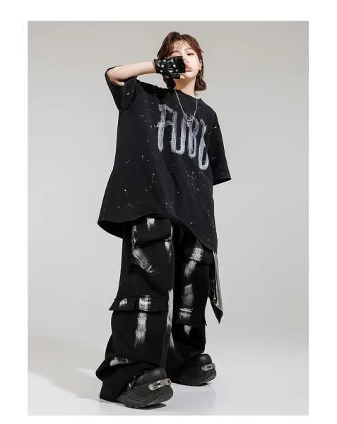 FUBG Graffiti Print Oversized T-Shirt and Cargo Pants Set Black - 14