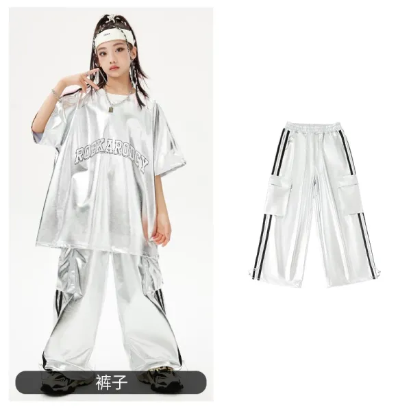 ROCKARODEY Metallic Silver Oversized T-Shirt and Cargo Pants Set - 1