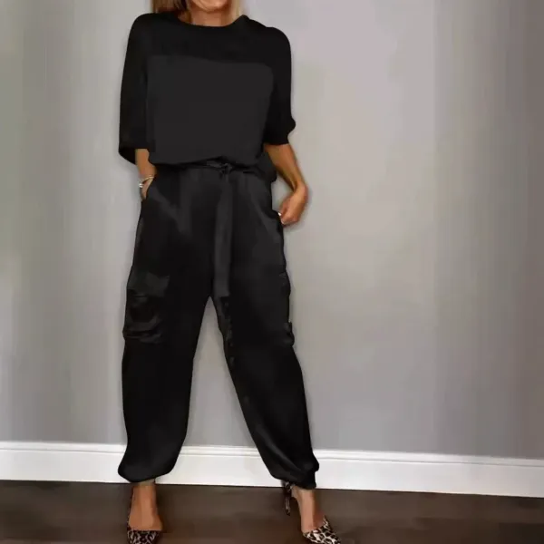 Black Satin Cargo Pants with Drawstring Waist and Patch Pockets - 1