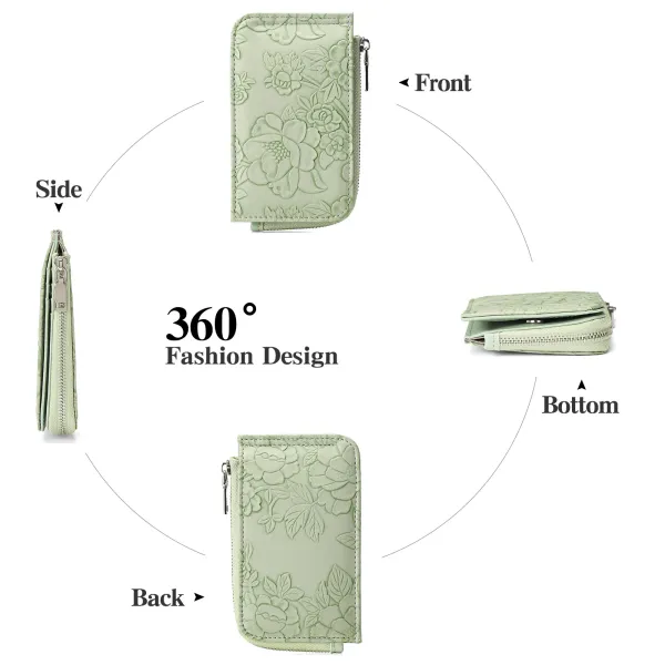 Mint Green Floral Embossed Zipper Wallet with Keychain - 8