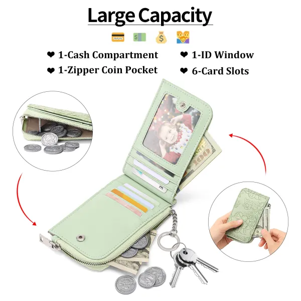 Mint Green Floral Embossed Zipper Wallet with Keychain - 7