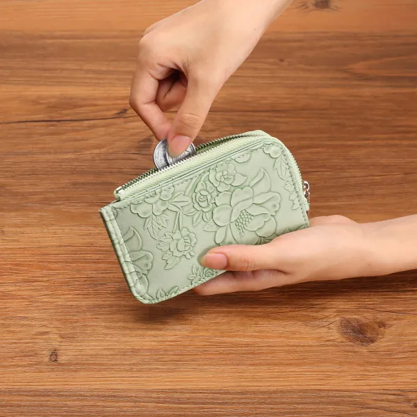 Mint Green Floral Embossed Zipper Wallet with Keychain - 5