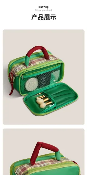 GOOODFOR Plaid-Trimmed Mini Boston Bag in Lime Green and Blue - 6