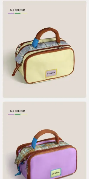 GOOODFOR Plaid-Trimmed Mini Boston Bag in Lime Green and Blue - 13
