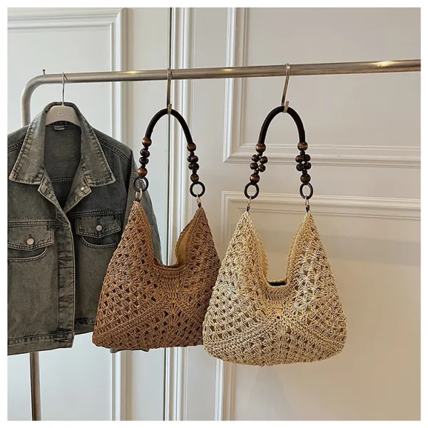 Handwoven Crochet Hobo Bag Beige-Brown Natural Fiber Shoulder Bag - 13