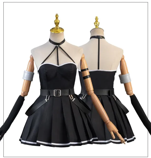 Cosplay Dress Set Black with White Trim Dress, Gloves, Belt, Arm Rings, Leg Ring - 8