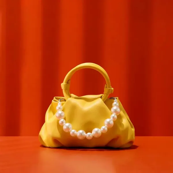 Yellow Pearl-Embellished Structured Handbag - 1