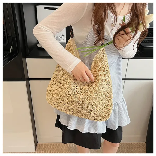 Handwoven Crochet Hobo Bag Beige-Brown Natural Fiber Shoulder Bag - 23