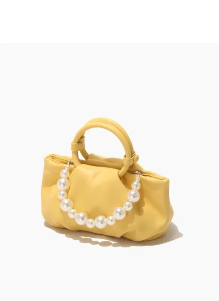Yellow Pearl-Embellished Structured Handbag - 35