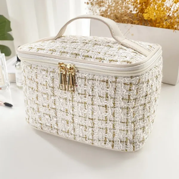 Tweed-Style Makeup Case in White and Gold - 1