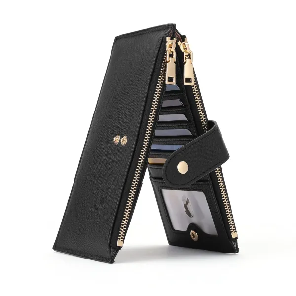 Black Dual-Zip Long Wallet with Gold Hardware - 1