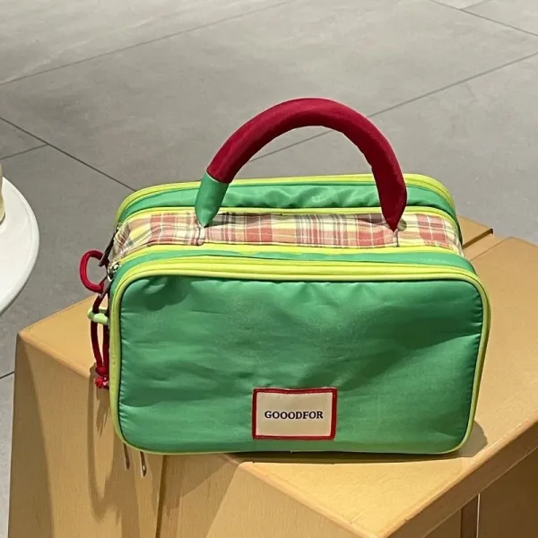 GOODDFOR Plaid-Trimmed Green Utility Handbag with Velvet Handle - 1