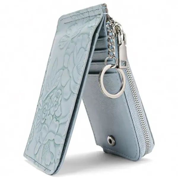 Floral Embossed Light Blue Leather Keychain Wallet - 1