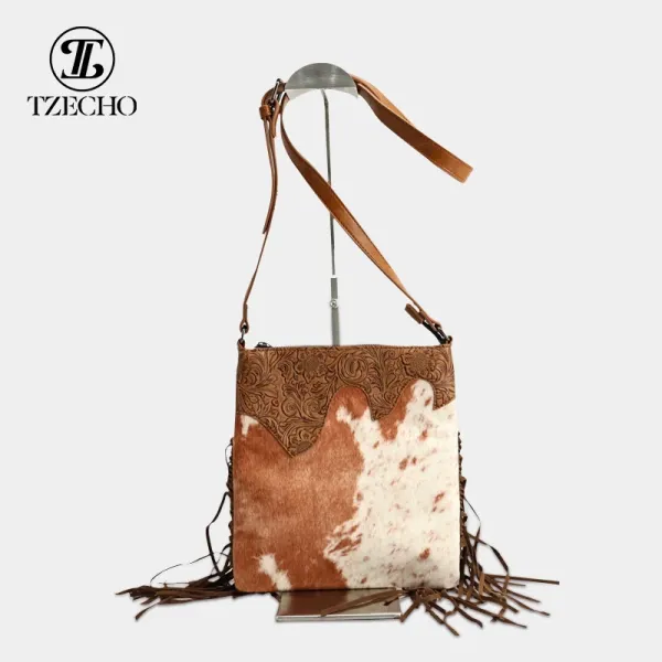 TZECHO Cowhide Fringe Crossbody Bag Brown and White - 1