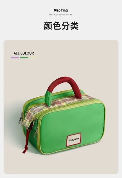 GOOODFOR Plaid-Trimmed Mini Boston Bag in Lime Green and Blue - 12