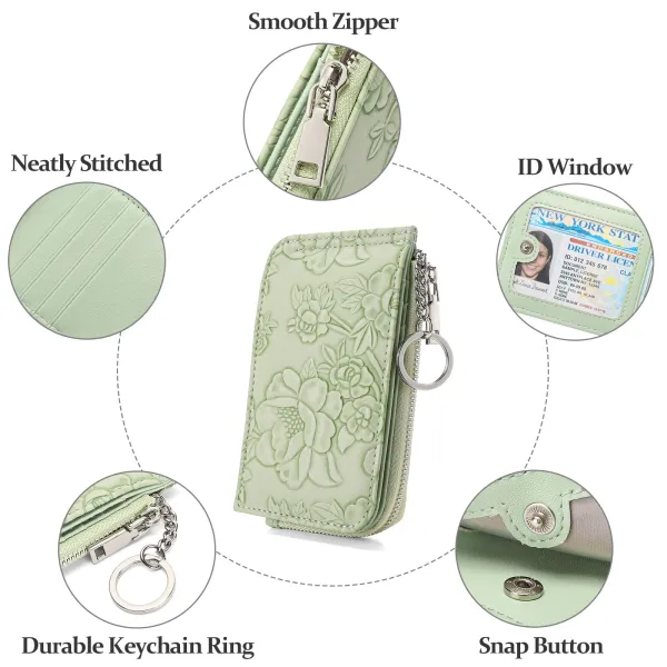 Mint Green Floral Embossed Zipper Wallet with Keychain - 11